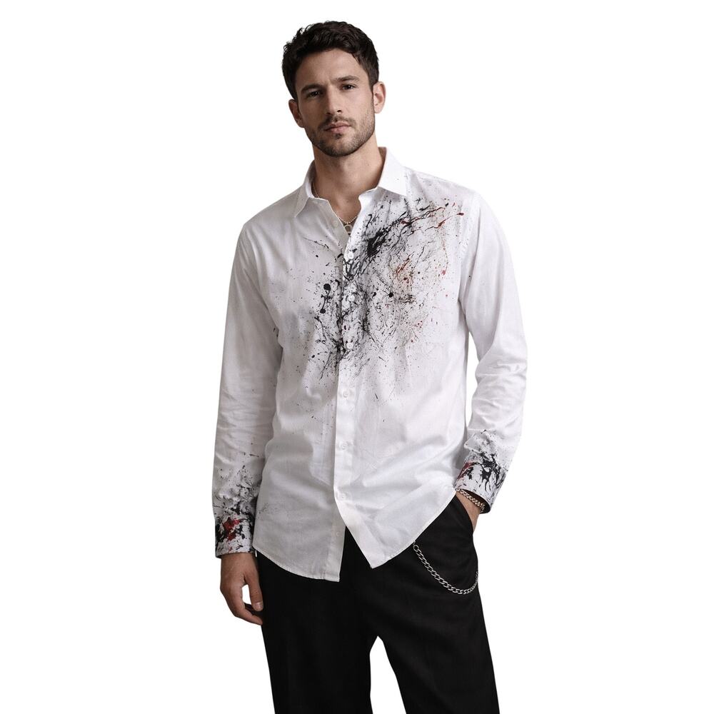 Marcello Abstract Paint Splatter Shirt XL White Artistic Button Down